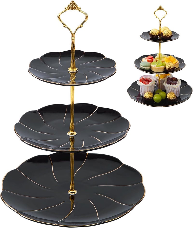 DUJUST Luxury Porcelain 3-Tier Cupcake Stand Tower, British Style Serving Tray with Golden Trim, Food Grade Dessert Display Stand, Beautiful Gift for Tea Party & Home Décor - Black - Image 1