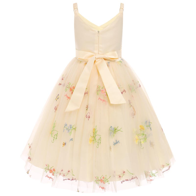 OBEEII Flower Girl Dress for Wedding Pleated V Neck Satin Back Floral Embroidery Tulle Princess Dress Junior Wedding Birthday Pageant Formal Ball Prom Gown Apricot-Floral 9 Years - Image 2