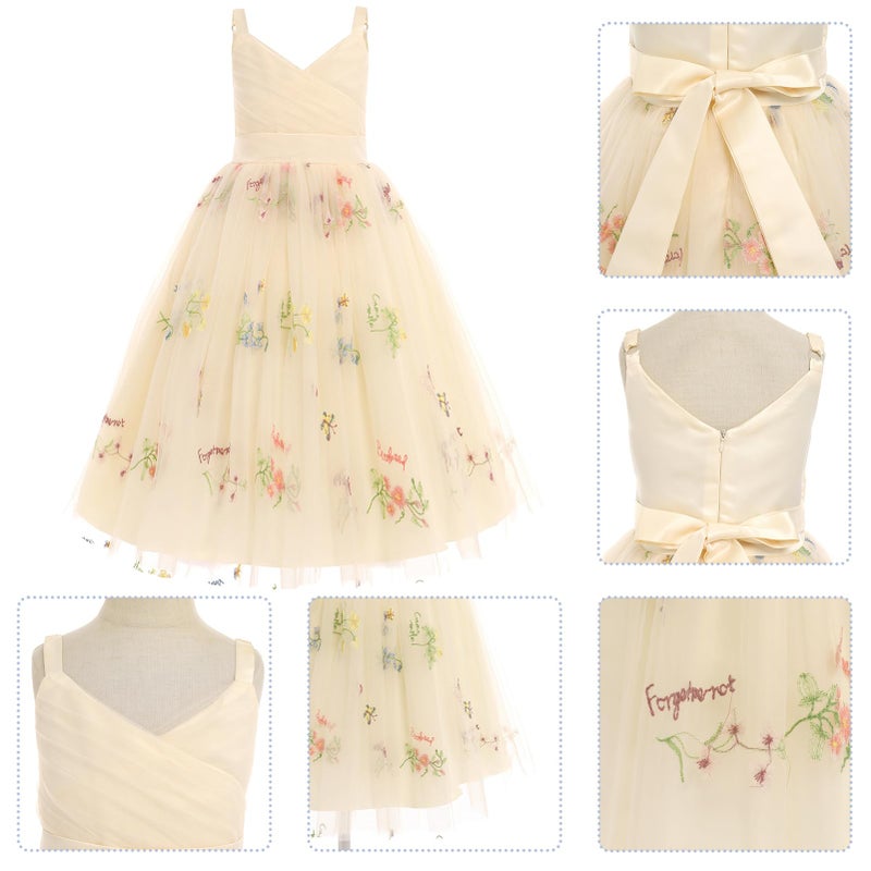 OBEEII Flower Girl Dress for Wedding Pleated V Neck Satin Back Floral Embroidery Tulle Princess Dress Junior Wedding Birthday Pageant Formal Ball Prom Gown Apricot-Floral 9 Years - Image 4