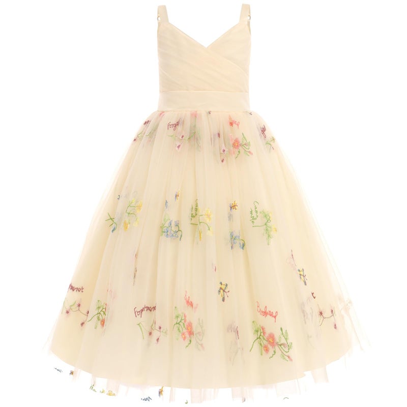 OBEEII Flower Girl Dress for Wedding Pleated V Neck Satin Back Floral Embroidery Tulle Princess Dress Junior Wedding Birthday Pageant Formal Ball Prom Gown Apricot-Floral 9 Years - Image 1