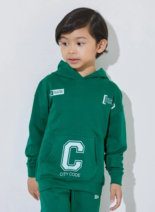 Styli Boys Dark Green Graphic Print Hoodie and Joggers Set