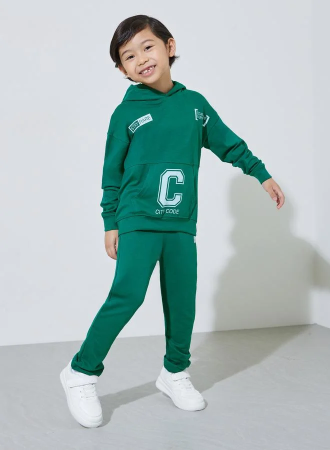 Styli Boys Dark Green Graphic Print Hoodie and Joggers Set