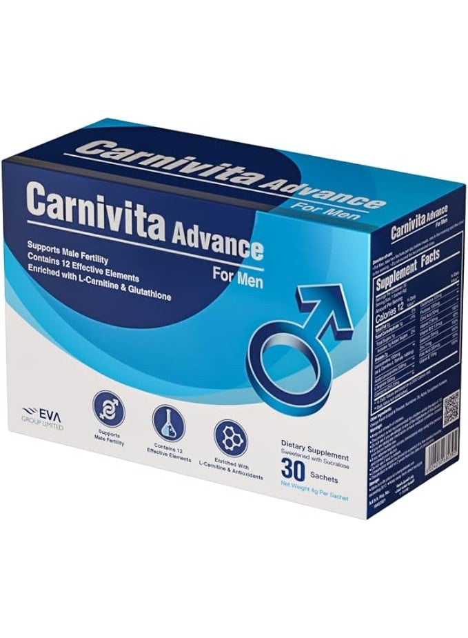 Carnivita Advance for Men is a comprehensive dietary supplement available in effervescent sachet form. It is specifically designed to support male fertility, enhance sexual health, and boost physical energy levels. The supplement relies on a formula rich in amino acids, antioxidants, and essential vitamins.