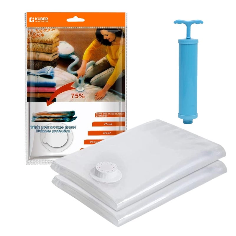 Kuber Industries Vacuum Storage Bags Travel Space Saver Seal Bags Vacuum Bags Bags for Clothes with Hand Pump 50x70 Pack of 2 Transparent - Image 1
