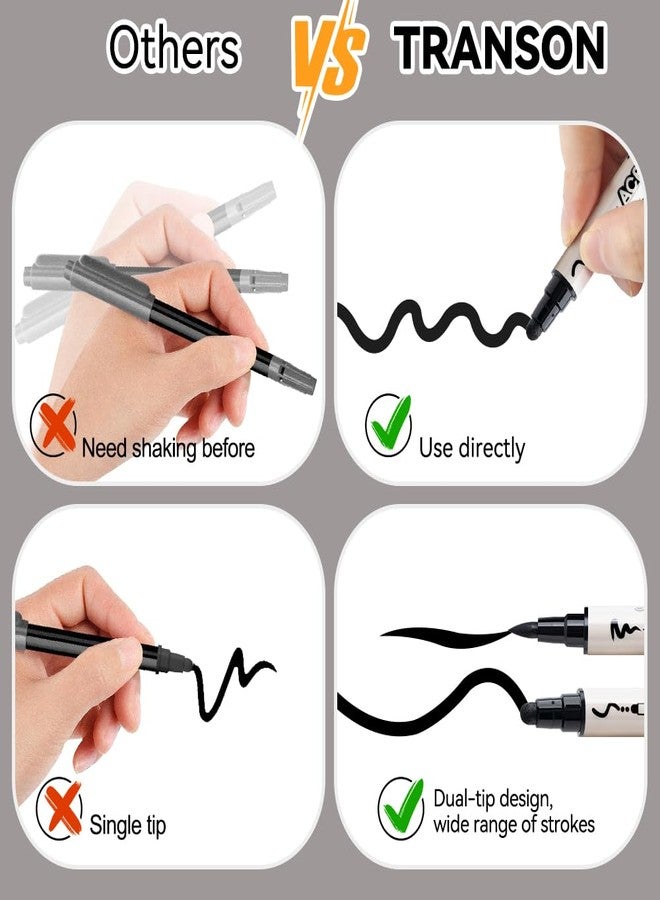 TRANSON 4 Black and 4 White Paint Markers Brush and Bold Dual-tip Acrylic Paint Marker Set for Rock Painting Glass Canvas Wood Leather Ceramic Painting - Image 5