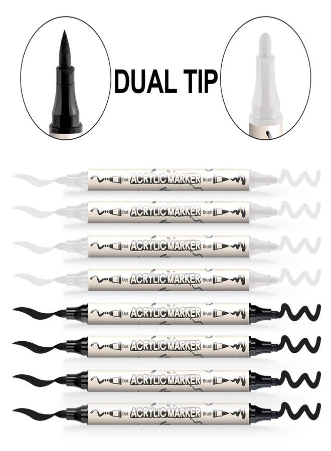 TRANSON 4 Black and 4 White Paint Markers Brush and Bold Dual-tip Acrylic Paint Marker Set for Rock Painting Glass Canvas Wood Leather Ceramic Painting - Image 4