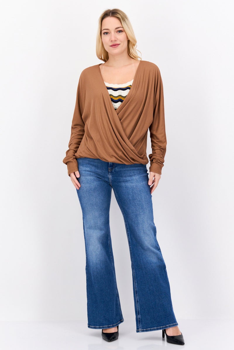 DEX بلوزة نسائية بأكمام طويلة وياقة متقاطعة، بني صدئ - Image 4