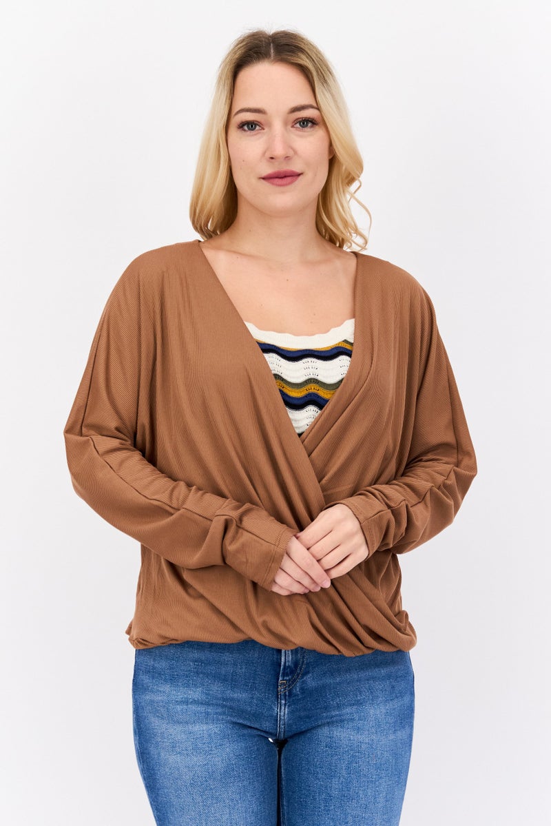 DEX بلوزة نسائية بأكمام طويلة وياقة متقاطعة، بني صدئ - Image 1