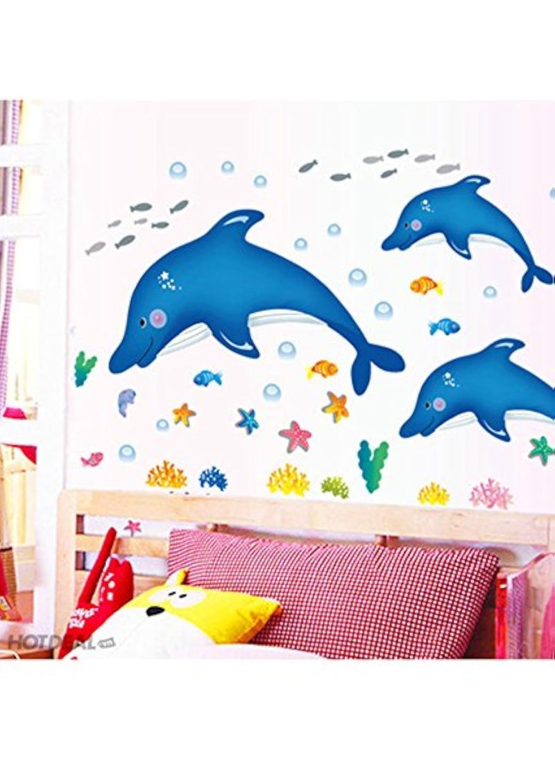Decals Design Decals Design 'Cartoon Dolphins Star Fish Underwater Creatures' Wall Sticker (PVC Vinyl, 90 cm x 60 cm),Multicolour  - Image 1