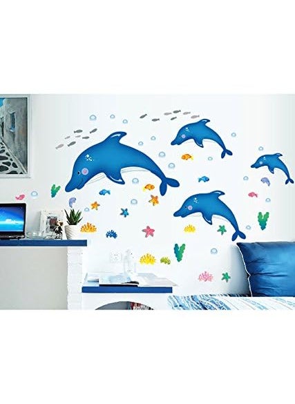 Decals Design Decals Design 'Cartoon Dolphins Star Fish Underwater Creatures' Wall Sticker (PVC Vinyl, 90 cm x 60 cm),Multicolour  - Image 5