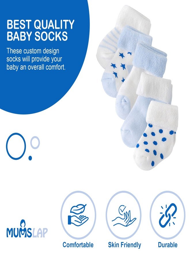MumsLap Baby Socks for Boys and Girls | Cotton Blend Ankle Length Winter Socks for Newborns Infants Toddlers | Soft Breathable Terry Socks with Sweat Absorption, 5 Pairs (White, Blue, 0 to 12 Months) - Image 2