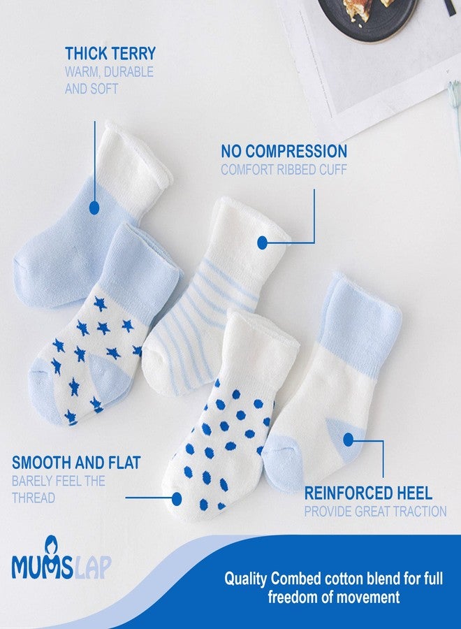 MumsLap Baby Socks for Boys and Girls | Cotton Blend Ankle Length Winter Socks for Newborns Infants Toddlers | Soft Breathable Terry Socks with Sweat Absorption, 5 Pairs (White, Blue, 0 to 12 Months) - Image 3