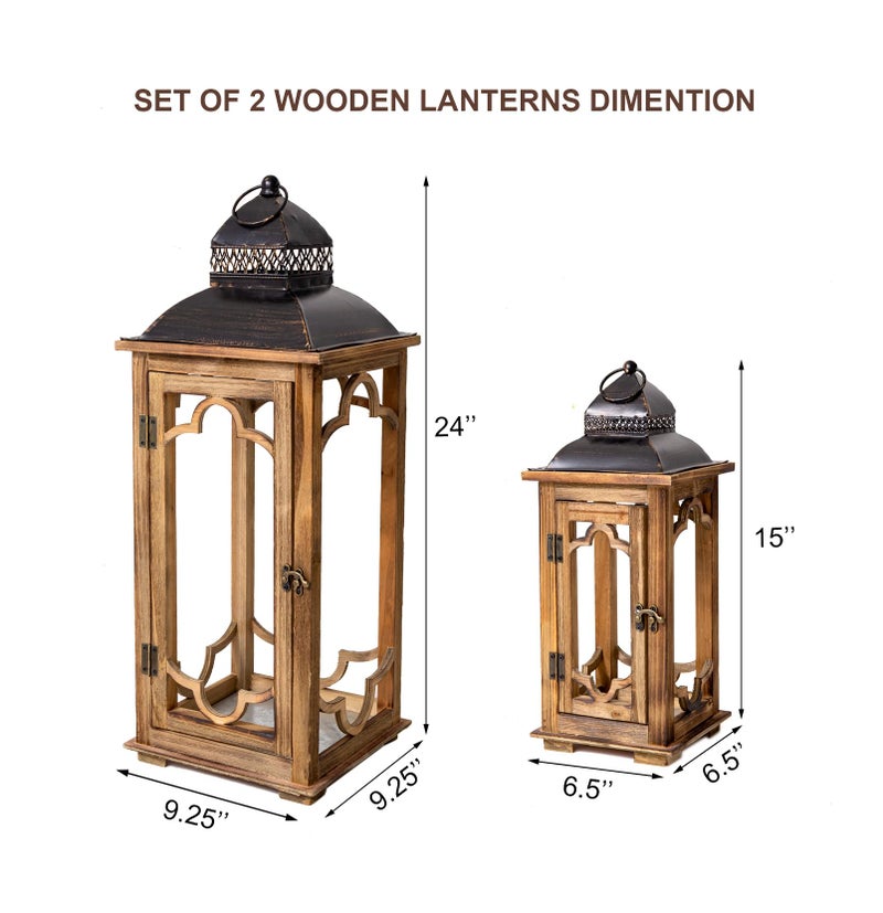 Venalys Large Farmhouse Decorative Wooden Lantern Set of 2, Rustic Brown Floor Lanterns, Indoor/Outdoor Hurricane Lanterns for Home Decor (No Glass) - Image 5