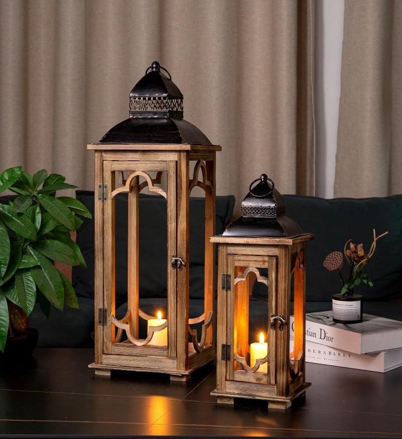 Venalys Large Farmhouse Decorative Wooden Lantern Set of 2, Rustic Brown Floor Lanterns, Indoor/Outdoor Hurricane Lanterns for Home Decor (No Glass) - Image 2