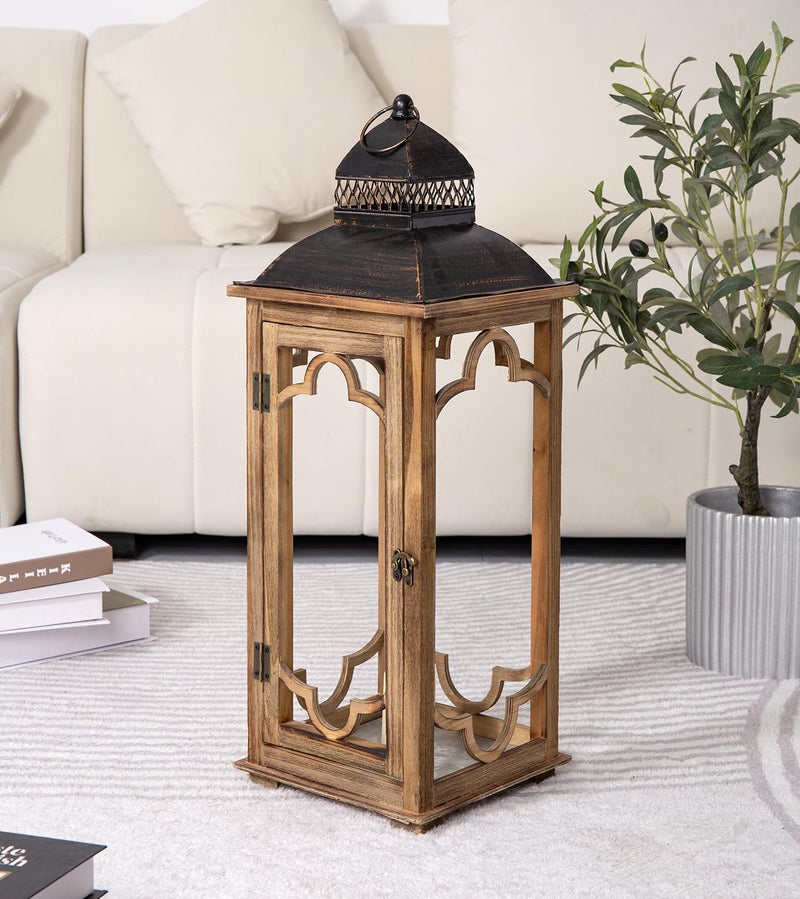 Venalys Large Farmhouse Decorative Wooden Lantern Set of 2, Rustic Brown Floor Lanterns, Indoor/Outdoor Hurricane Lanterns for Home Decor (No Glass) - Image 3