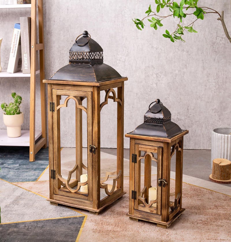 Venalys Large Farmhouse Decorative Wooden Lantern Set of 2, Rustic Brown Floor Lanterns, Indoor/Outdoor Hurricane Lanterns for Home Decor (No Glass) - Image 1