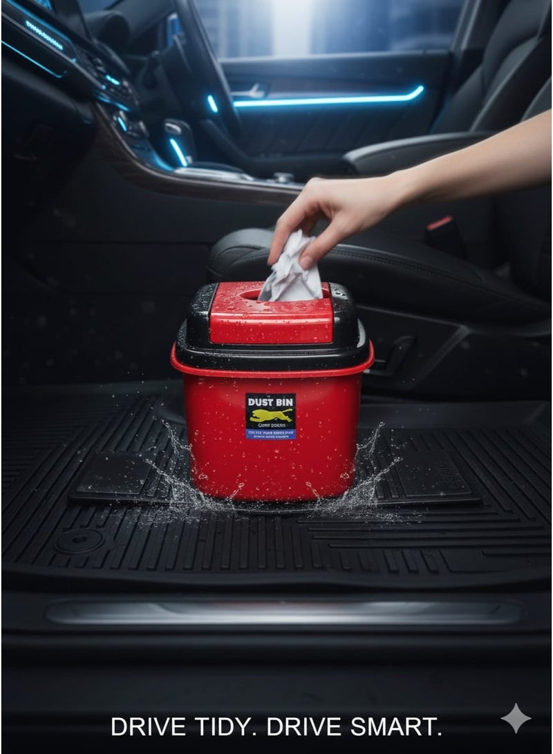 سي جي اس صندوق قمامة للسيارة مع غطاء متحرك وقاعدة تثبيت – تصميم مضغوط ومتين – لون أحمر وأسود - Image 2