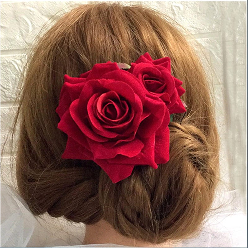 Kriccio Flower Hair Combs, Rose Flower Bohemia Hairpin Bride Costume Hair Decor for Party Wedding Red(1pc) - Image 3