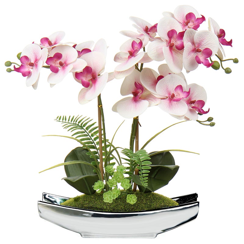 Briful Orchids Artificial Flowers 15 Light Pink Phalaenopsis Orchid with Silver Pots Real Touch Faux Orchid Plant for Home Office Bathroom Living Room Decoration