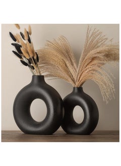 ba9ma Porcelain Vases for Home Decor Set of 3 - Modern Round Donut Shaped Vase for Pampas Grass Artificial Flowers, Boho Decor for Living Room, Centerpieces for Dining Table, Bedroom, Farmhouse Decorمزهريات ب بيضاء لديكور المنزل مجموعة من 3 - مزهرية على شكل دونات حديثة دائرية لعشب بامباس الزهور الاصطناعية، ديكور بوهو لغرفة المعيشة قطع مركزية لطاولة الطعام وغرفة النوم وديكورات المزرعة  - Image 4