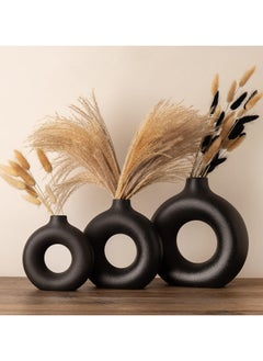 ba9ma Porcelain Vases for Home Decor Set of 3 - Modern Round Donut Shaped Vase for Pampas Grass Artificial Flowers, Boho Decor for Living Room, Centerpieces for Dining Table, Bedroom, Farmhouse Decorمزهريات ب بيضاء لديكور المنزل مجموعة من 3 - مزهرية على شكل دونات حديثة دائرية لعشب بامباس الزهور الاصطناعية، ديكور بوهو لغرفة المعيشة قطع مركزية لطاولة الطعام وغرفة النوم وديكورات المزرعة  - Image 1