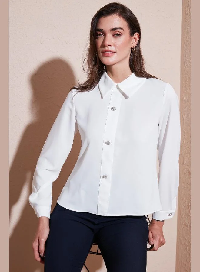 Lela Lela Stone Embellished Regular Fit Shirt Collar Zipper Blouse Women's BLOUSE 611BZ0493