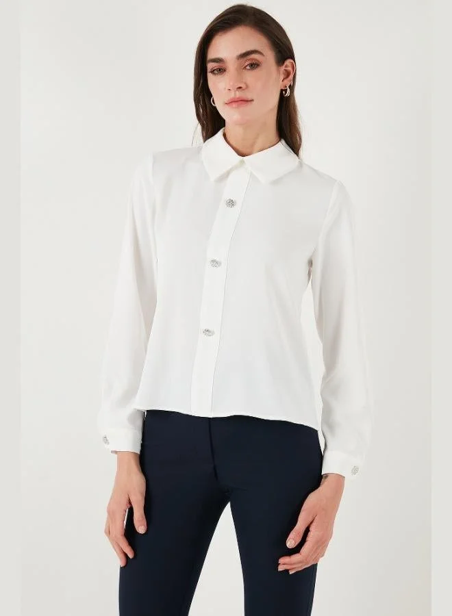 ليلا بلوزة نسائية بياقة قميص مزينة بحجر ليلى بسحاب