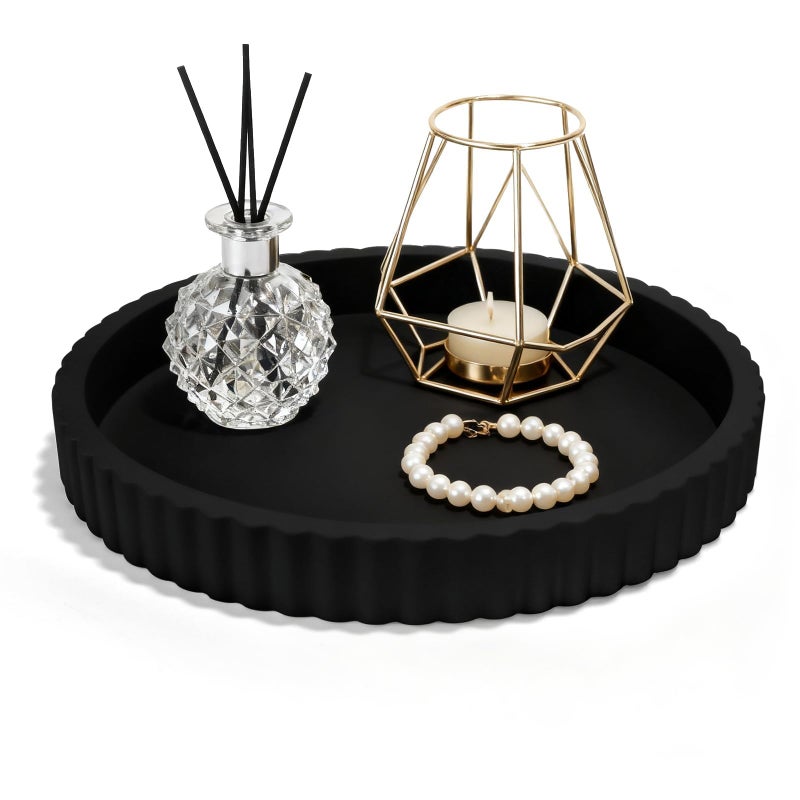 SYNCVIBE Decorative Tray for Coffee Table, 12'' Resin Modern Decorative Tray for Home Decor, Elegant Table Centerpiece Black Round Fluted Serving Vanity Tray for Bathroom Kitchen Living Room Decor - Image 1