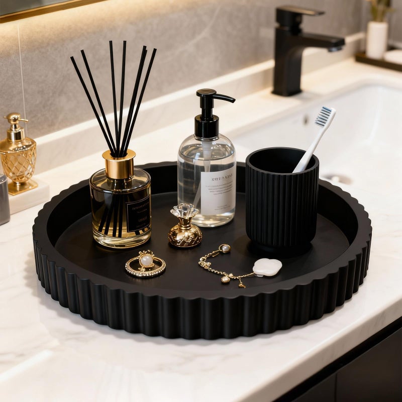 SYNCVIBE Decorative Tray for Coffee Table, 12'' Resin Modern Decorative Tray for Home Decor, Elegant Table Centerpiece Black Round Fluted Serving Vanity Tray for Bathroom Kitchen Living Room Decor - Image 3
