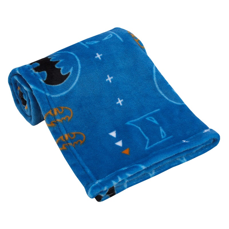 NoJo Warner Brothers Batman Blue, Orange, and White with Icons, Emblems, and Triangles Super Soft Baby Blanket - Image 1