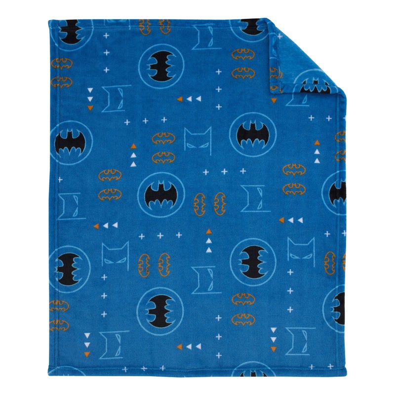 NoJo Warner Brothers Batman Blue, Orange, and White with Icons, Emblems, and Triangles Super Soft Baby Blanket - Image 3