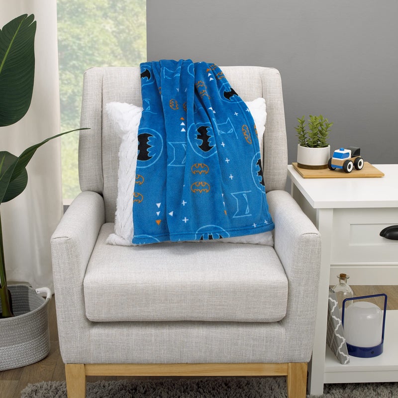 NoJo Warner Brothers Batman Blue, Orange, and White with Icons, Emblems, and Triangles Super Soft Baby Blanket - Image 4