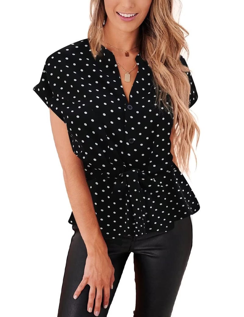 CiCiBird Womens Button Down Blouses Casual Peplum Summer Tops Dressy Chiffon Work Blouse Polka Dot Black Large - Image 1