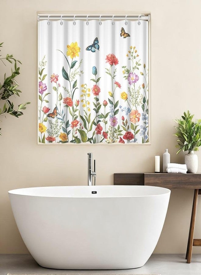 Leyiyi Waterproof Shower Window Curtain for Privacy, Colorful Wildflower Small Short Shower Curtain with Hooks, Garden Flower Grass Butterfly Mini Bathroom Window Curtain 40x36 Inch - Image 2