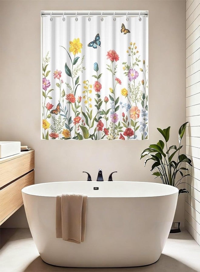 Leyiyi Waterproof Shower Window Curtain for Privacy, Colorful Wildflower Small Short Shower Curtain with Hooks, Garden Flower Grass Butterfly Mini Bathroom Window Curtain 40x36 Inch - Image 1