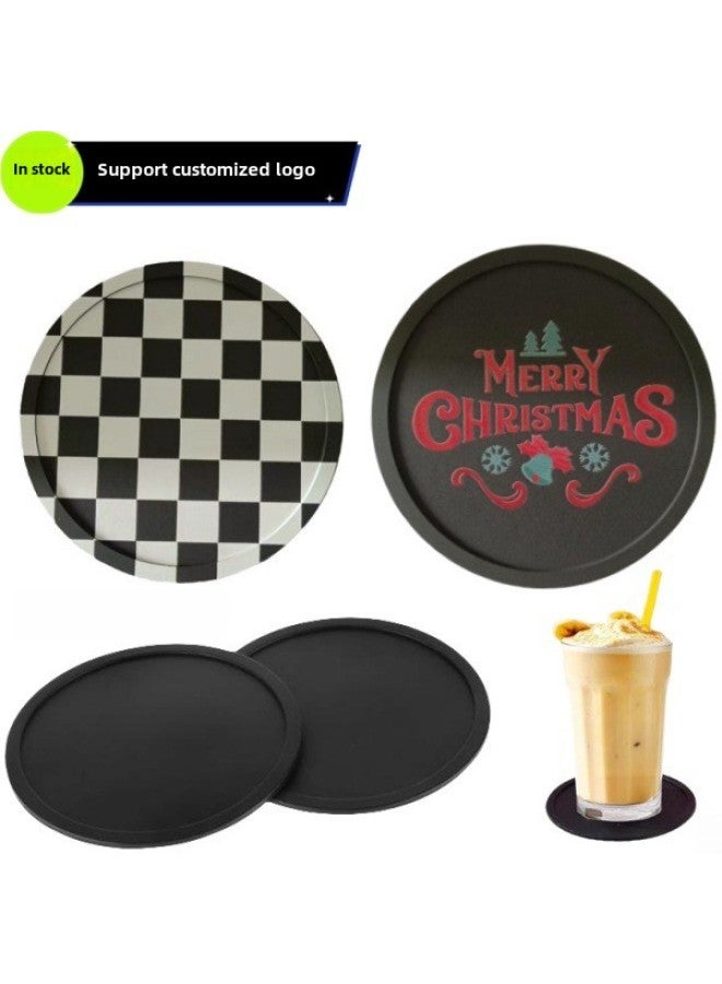Round Silicone Coaster Modern Minimalist Cup Mat With Anti-overflow Ring Food Grade Non-slip Tea Cup Mat Cartoon LOGO-Color:Black-Specifications:10cm Round Silicone Coaster  - Image 2