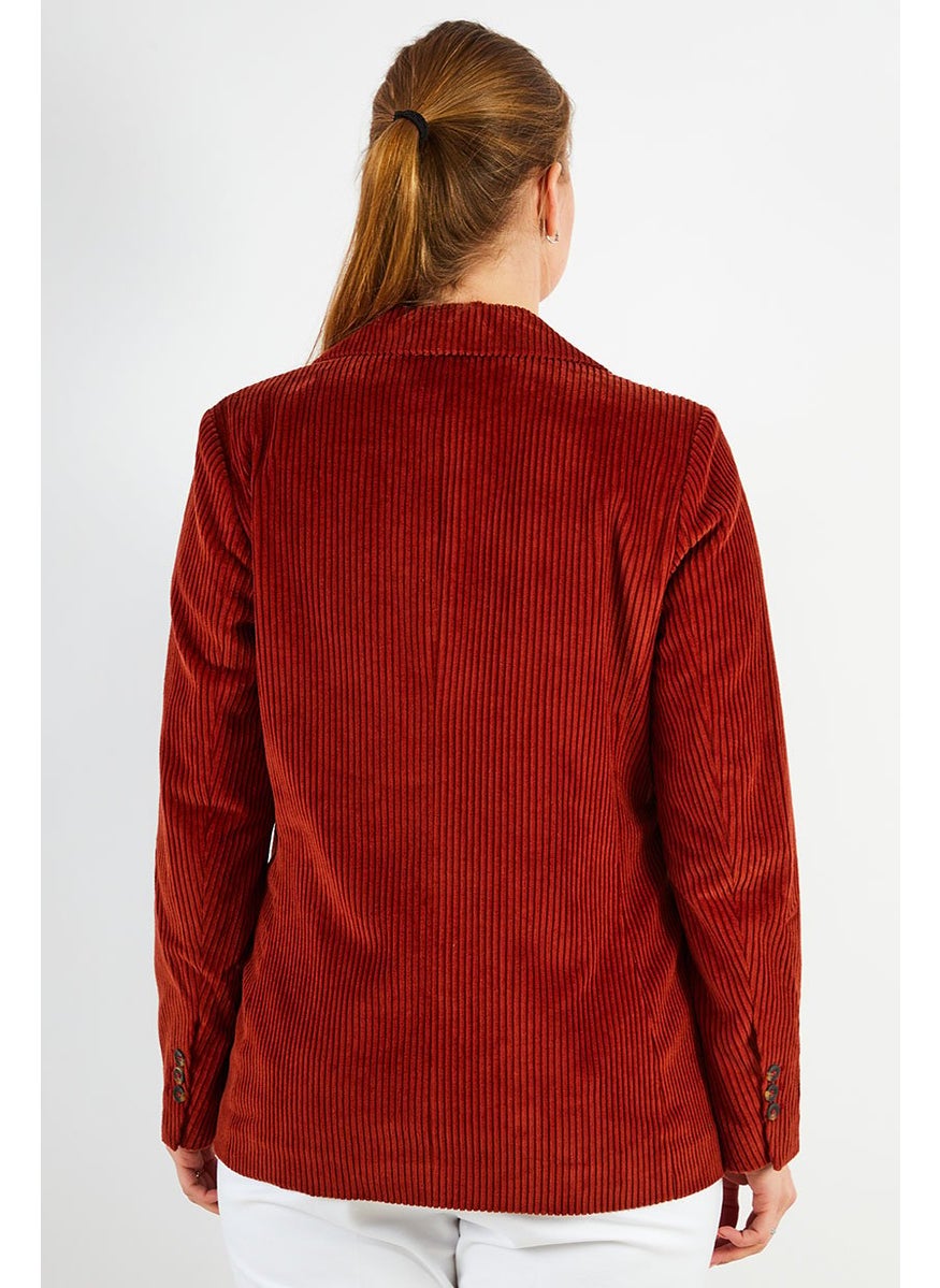 One Step Women Regular Fit Corduroy Casual Blazer, Rust  - Image 3