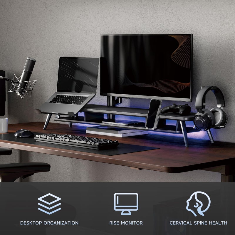 Fenge Dual Monitor Stand, Monitor Riser for 2 Monitors with Adjustable Laptop Riser , 42.5 Inch Desk Shelf for Top of Desk with Phone Holder& Headphone Stand - Image 2