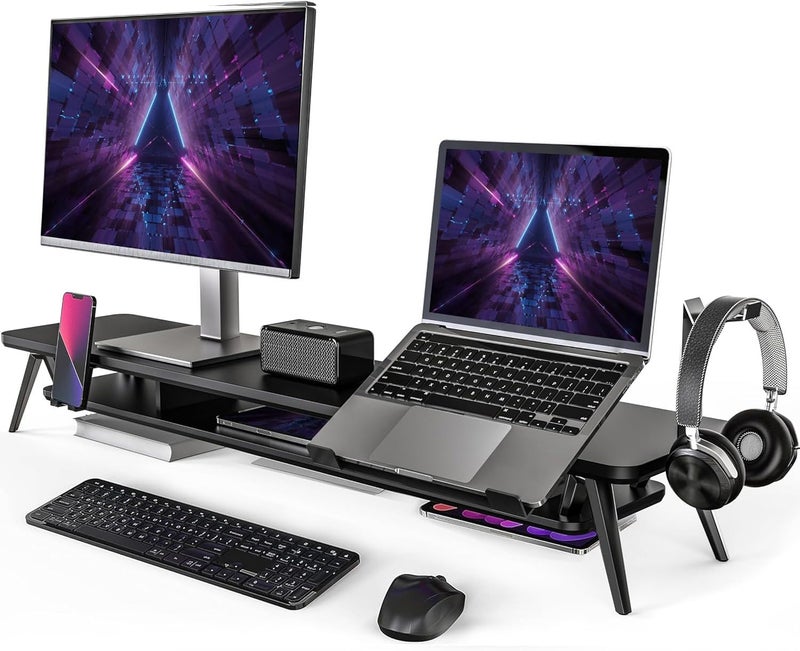 Fenge Dual Monitor Stand, Monitor Riser for 2 Monitors with Adjustable Laptop Riser , 42.5 Inch Desk Shelf for Top of Desk with Phone Holder& Headphone Stand - Image 1
