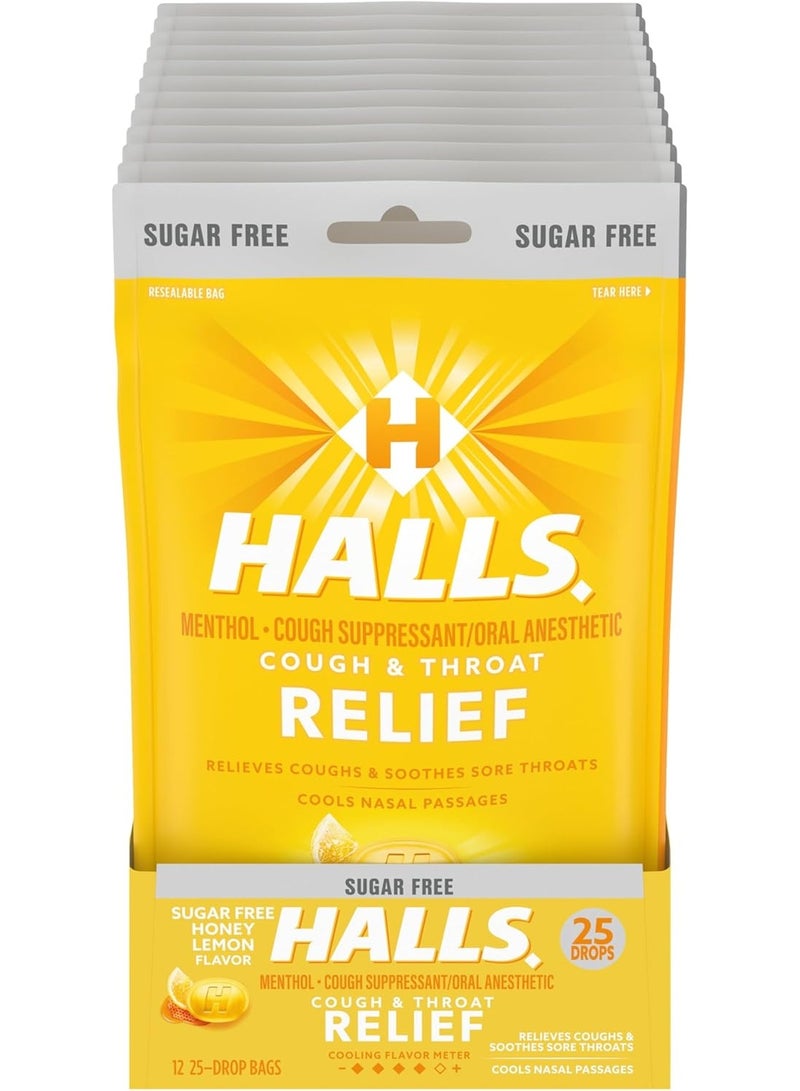 HALLS Relief Honey Lemon Sugar Free Cough Drops, 12 Bags of 25 Drops (300 Total Drops)