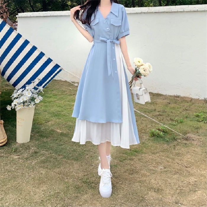 Design sense fake two-piece artistic style elegant V-neck shirt dress womens summer French gentle waist long skirt Navy blue - Image 2