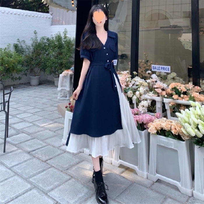 Design sense fake two-piece artistic style elegant V-neck shirt dress womens summer French gentle waist long skirt Navy blue - Image 1