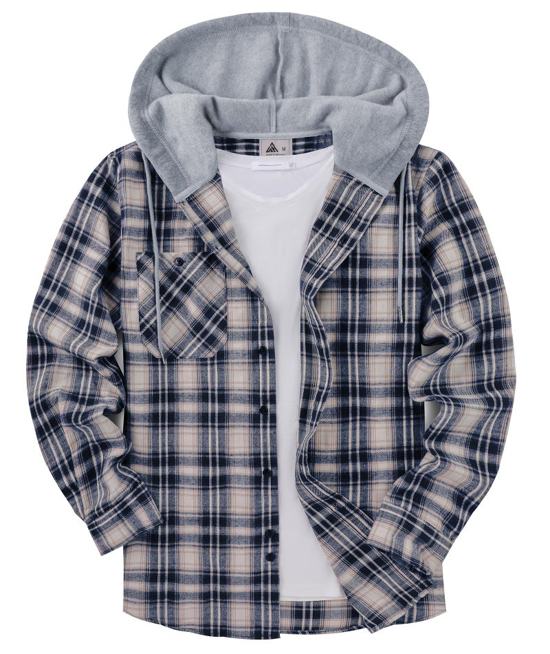 ZITY Men's Flannel Hoodie Shirts Casual Button Down Plaid Shirt Jackets for Men Long Sleeve Stylish Hooded with Pocket Dark Blue White Large - Image 1