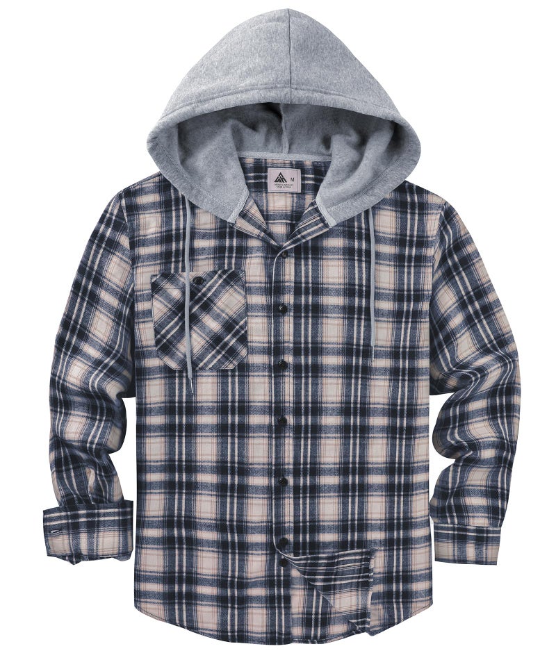 ZITY Men's Flannel Hoodie Shirts Casual Button Down Plaid Shirt Jackets for Men Long Sleeve Stylish Hooded with Pocket Dark Blue White Large - Image 2