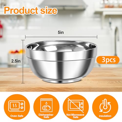 meiqidi 3 Pack Stainless Steel Bowls, 12oz Double-Walled Insulated Serving Dishes Snack Bowls for Ramen, Salad, Ice Cream, Soups - Image 3