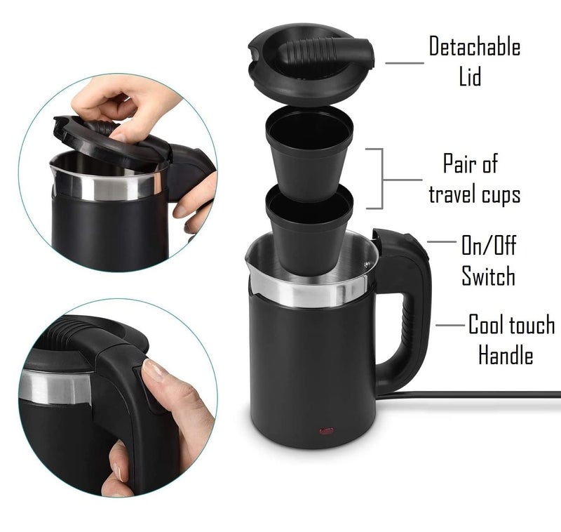 GIONEE Brings 1100 watts 0.5 liter Double Wall Portable Steel body small Electric Kettle for Water/Tea/Coffee/Milk with fast boiling powerful heating Element & Auto Shut-off (Black) Stainless Steel - Image 2