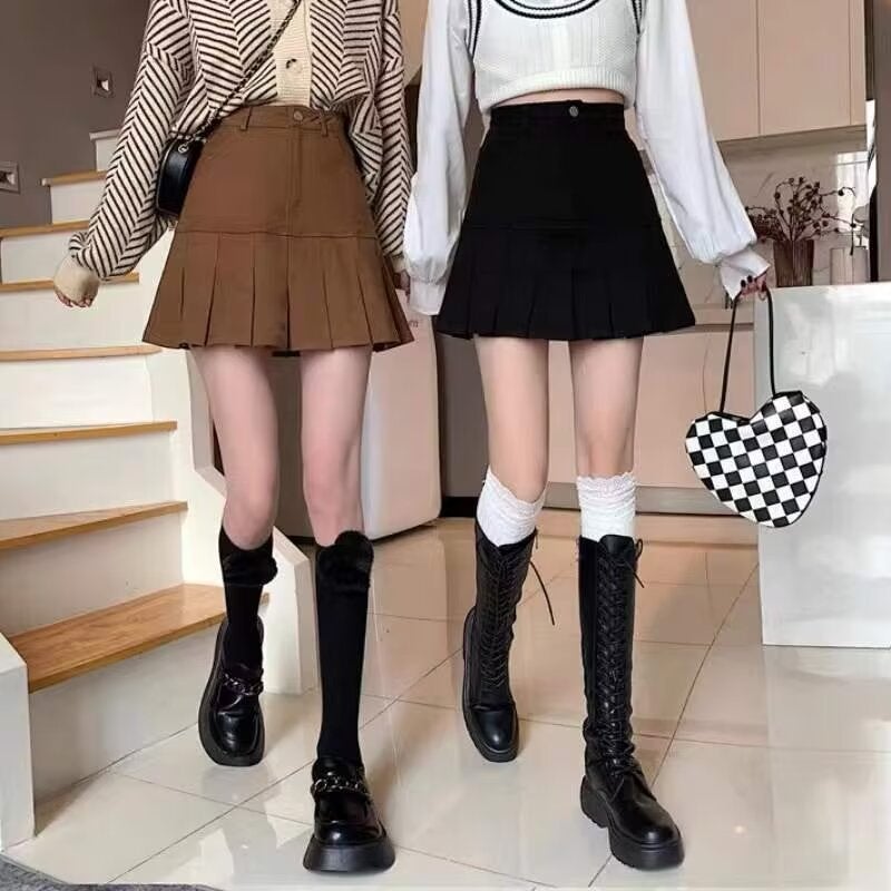 Brown Pleated Skirt Girls Denim Skirt High Waist Small Slim Versatile Short Skirt - Image 5