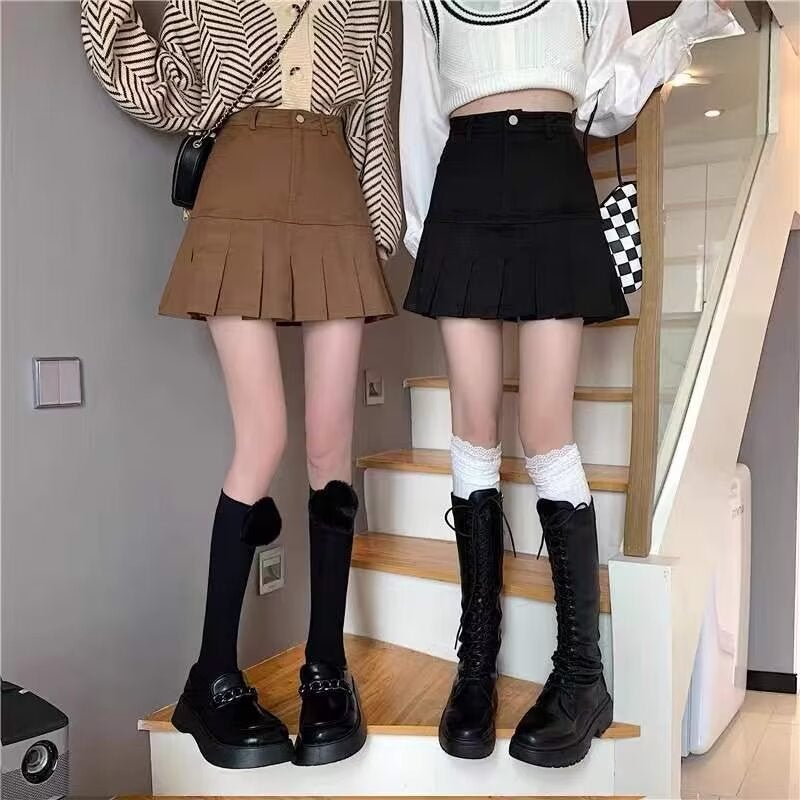 Brown Pleated Skirt Girls Denim Skirt High Waist Small Slim Versatile Short Skirt - Image 4
