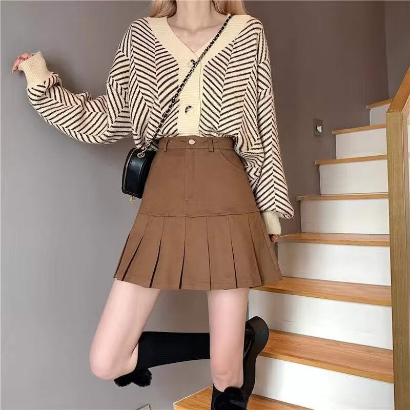 Brown Pleated Skirt Girls Denim Skirt High Waist Small Slim Versatile Short Skirt - Image 2