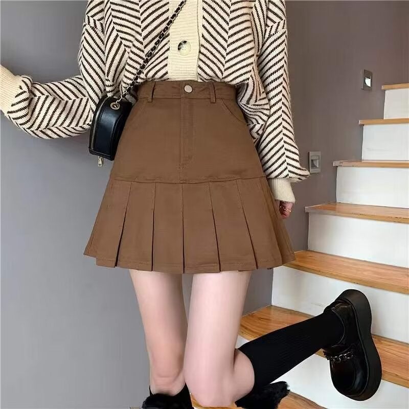 Brown Pleated Skirt Girls Denim Skirt High Waist Small Slim Versatile Short Skirt - Image 1